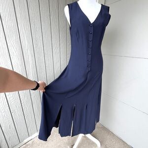 VTG 80s 90s Navy Dress Paneled Hem Satin-Lined Minimalist Made in USA, S